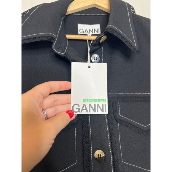 NWT Ganni Sable Topstitch Crepe Swing Spread Collar Button Mini Dress Black Sz 4 - Picture 6 of 9